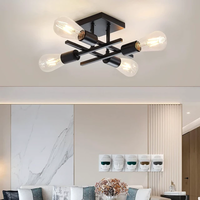Alt view image 5 of 7 - Industrial 4-Light Semi Flush Mount Ceiling Light Fixture, Farmhouse Black Chandelier Lighting, Modern E26 Base Sputnik Ceiling Lamp for Kitchen Bedroom Living Room Hallway Entryway