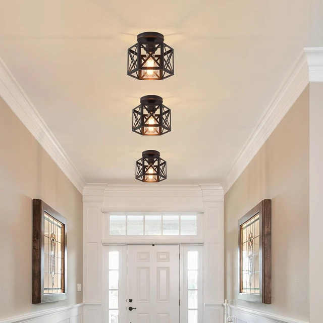 Alt view image 3 of 7 - Black Flush Mount Ceiling Light,Hallway Light Ceiling Mount,Industrial Vintage Metal Cage Close to Ceiling Lights for Kitchen,Farmhouse,Bedroom