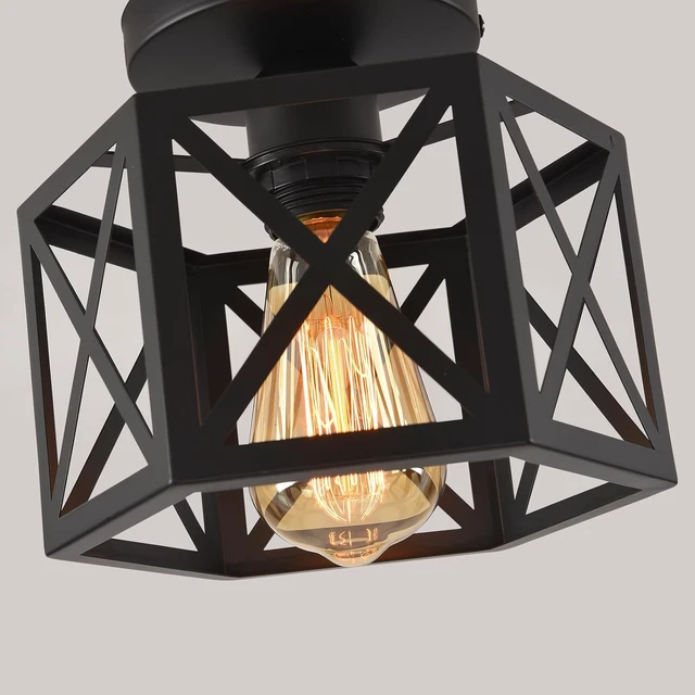 Alt view image 4 of 7 - Black Flush Mount Ceiling Light,Hallway Light Ceiling Mount,Industrial Vintage Metal Cage Close to Ceiling Lights for Kitchen,Farmhouse,Bedroom