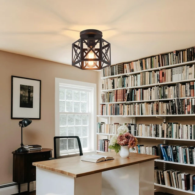 Alt view image 5 of 7 - Black Flush Mount Ceiling Light,Hallway Light Ceiling Mount,Industrial Vintage Metal Cage Close to Ceiling Lights for Kitchen,Farmhouse,Bedroom