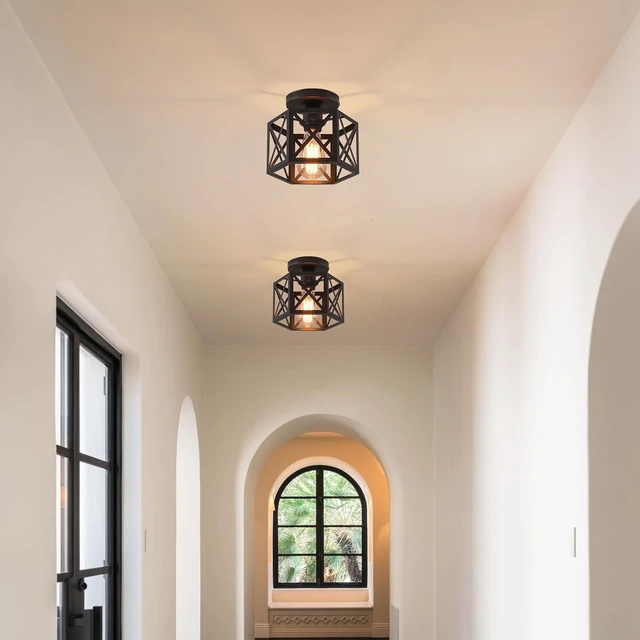 Alt view image 2 of 7 - Black Flush Mount Ceiling Light,Hallway Light Ceiling Mount,Industrial Vintage Metal Cage Close to Ceiling Lights for Kitchen,Farmhouse,Bedroom