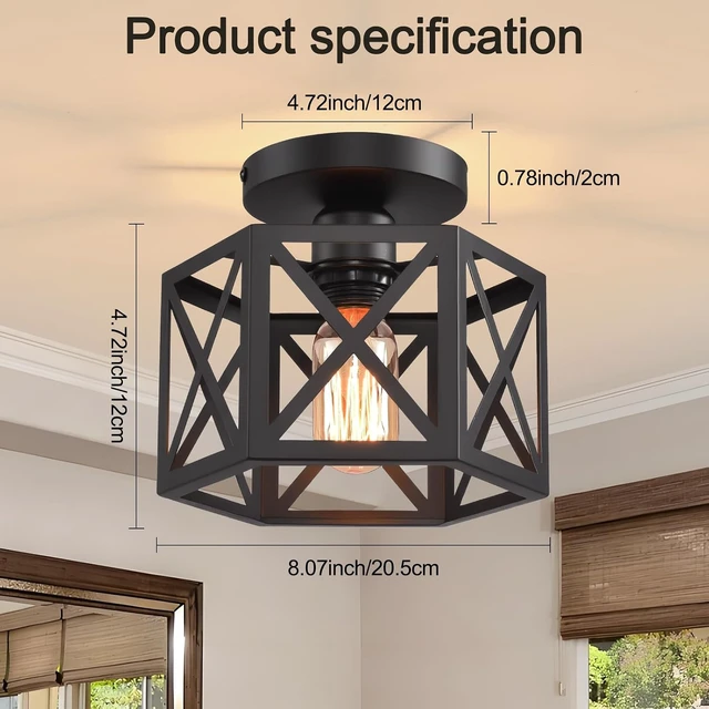 Alt view image 7 of 7 - Black Flush Mount Ceiling Light,Hallway Light Ceiling Mount,Industrial Vintage Metal Cage Close to Ceiling Lights for Kitchen,Farmhouse,Bedroom