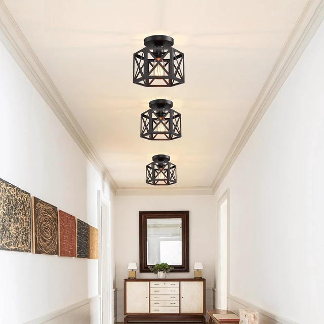 Alt view image 6 of 7 - Black Flush Mount Ceiling Light,Hallway Light Ceiling Mount,Industrial Vintage Metal Cage Close to Ceiling Lights for Kitchen,Farmhouse,Bedroom