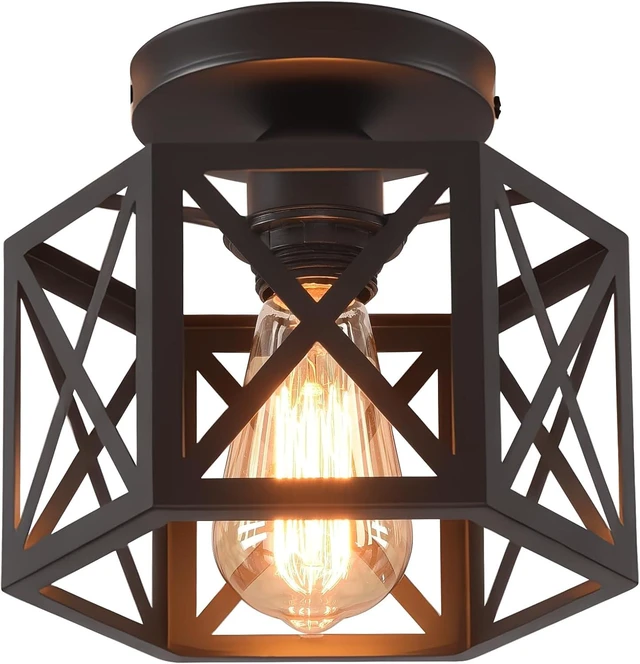 Main image of Black Flush Mount Ceiling Light,Hallway Light Ceiling Mount,Industrial Vintage Metal Cage Close to Ceiling Lights for Kitchen,Farmhouse,Bedroom