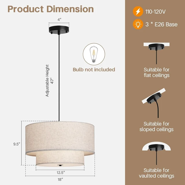 Alt view image 2 of 7 - 18" Modern Double Drum Fabric Pendant Light, Large Hanging Ceiling Chandelier Fixture with Dual Layer Fabric Shade, Ideal for Dining Room, Living Room, Bedroom, and Kitchen