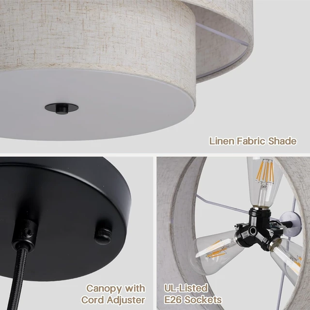 Alt view image 3 of 7 - 18" Modern Double Drum Fabric Pendant Light, Large Hanging Ceiling Chandelier Fixture with Dual Layer Fabric Shade, Ideal for Dining Room, Living Room, Bedroom, and Kitchen