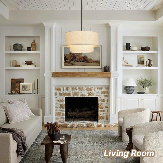 Alt view image 6 of 7 - 18" Modern Double Drum Fabric Pendant Light, Large Hanging Ceiling Chandelier Fixture with Dual Layer Fabric Shade, Ideal for Dining Room, Living Room, Bedroom, and Kitchen