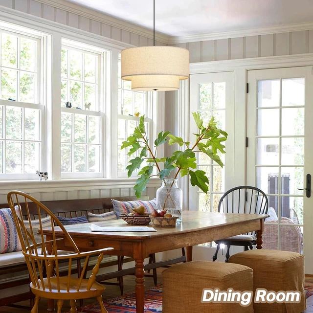 Alt view image 7 of 7 - 18" Modern Double Drum Fabric Pendant Light, Large Hanging Ceiling Chandelier Fixture with Dual Layer Fabric Shade, Ideal for Dining Room, Living Room, Bedroom, and Kitchen