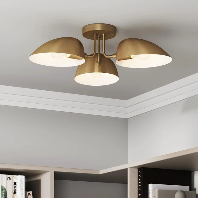 Main image of Nathan James Argo Semi Mount Flush Ceiling Light, 3-Lights Modern Retro Lighting with Black Rounded Shades for Hallway, Dining Room and Bedroom, Vintaged Brass