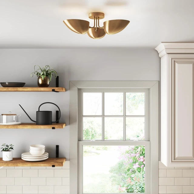 Alt view image 2 of 7 - Nathan James Argo Semi Mount Flush Ceiling Light, 3-Lights Modern Retro Lighting with Black Rounded Shades for Hallway, Dining Room and Bedroom, Vintaged Brass