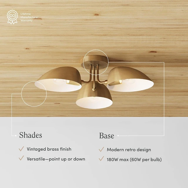 Alt view image 3 of 7 - Nathan James Argo Semi Mount Flush Ceiling Light, 3-Lights Modern Retro Lighting with Black Rounded Shades for Hallway, Dining Room and Bedroom, Vintaged Brass