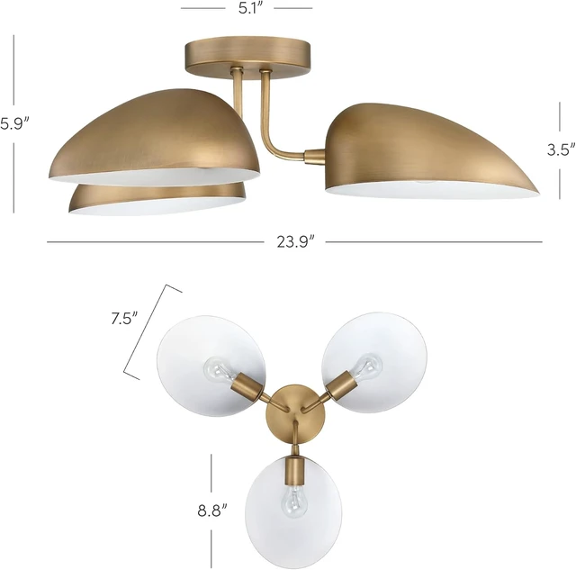 Alt view image 4 of 7 - Nathan James Argo Semi Mount Flush Ceiling Light, 3-Lights Modern Retro Lighting with Black Rounded Shades for Hallway, Dining Room and Bedroom, Vintaged Brass