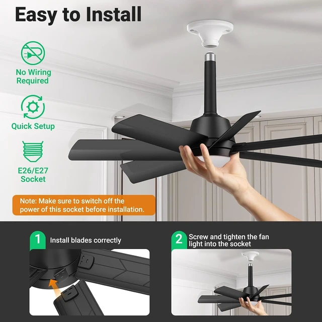Alt view image 6 of 7 - 28" Socket Fan Light, 4000LM Ceiling Fan with Light