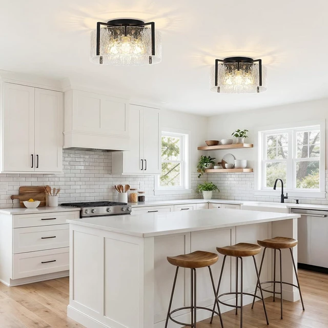 Alt view image 5 of 7 - 16" Semi-Flush Mount Ceiling Light, 4-Light Hammered Glass Drum Fixture