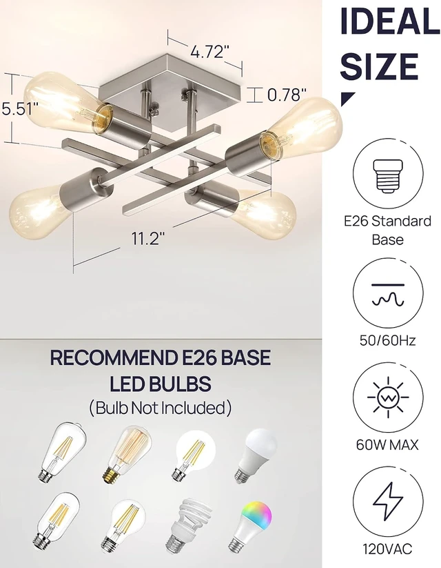 Alt view image 3 of 7 - Industrial 4-Light Semi Flush Mount Ceiling Light Fixture, Modern Brushed Nickel Chandelier Lighting Sputnik Ceiling Lamp with E26 Bulb Base for Kitchen Bedroom Living Room Hallway Entryway