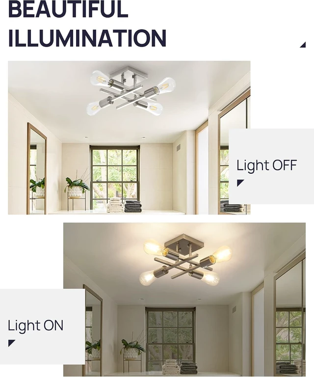 Alt view image 4 of 7 - Industrial 4-Light Semi Flush Mount Ceiling Light Fixture, Modern Brushed Nickel Chandelier Lighting Sputnik Ceiling Lamp with E26 Bulb Base for Kitchen Bedroom Living Room Hallway Entryway
