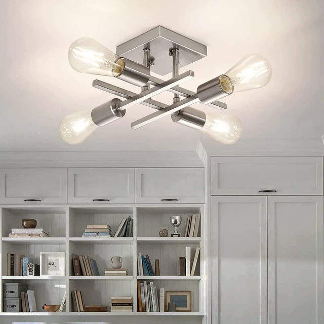 Alt view image 2 of 7 - Industrial 4-Light Semi Flush Mount Ceiling Light Fixture, Modern Brushed Nickel Chandelier Lighting Sputnik Ceiling Lamp with E26 Bulb Base for Kitchen Bedroom Living Room Hallway Entryway
