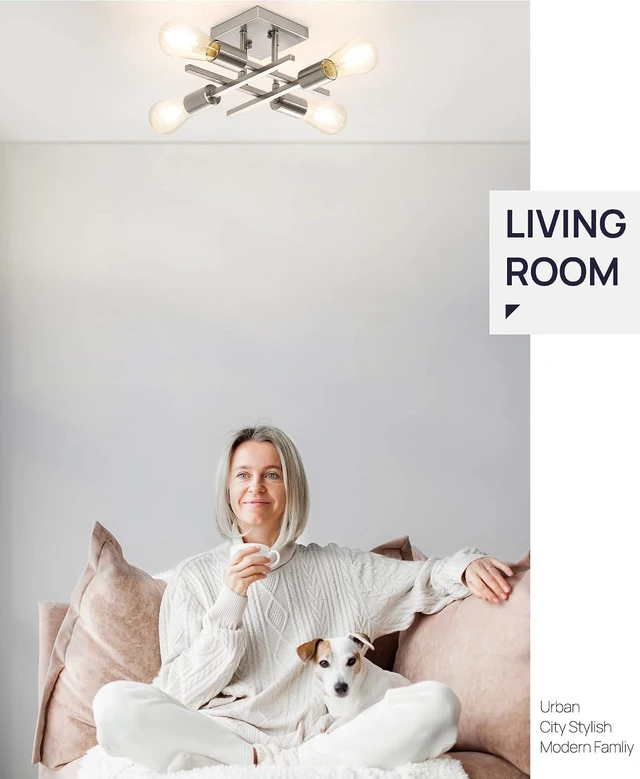 Alt view image 6 of 7 - Industrial 4-Light Semi Flush Mount Ceiling Light Fixture, Modern Brushed Nickel Chandelier Lighting Sputnik Ceiling Lamp with E26 Bulb Base for Kitchen Bedroom Living Room Hallway Entryway