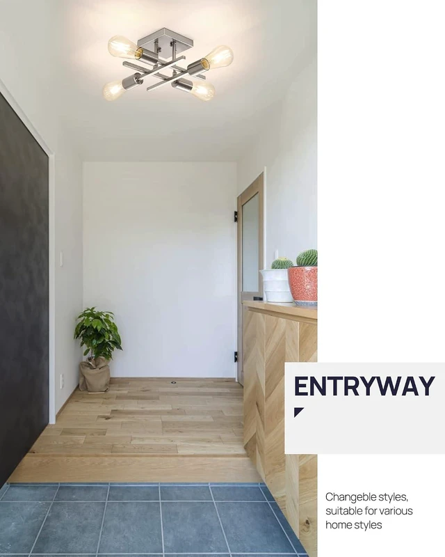 Alt view image 7 of 7 - Industrial 4-Light Semi Flush Mount Ceiling Light Fixture, Modern Brushed Nickel Chandelier Lighting Sputnik Ceiling Lamp with E26 Bulb Base for Kitchen Bedroom Living Room Hallway Entryway