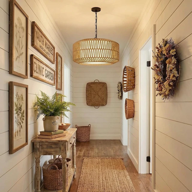Alt view image 3 of 7 - 19" Rattan Chandelier for Dining Room, Boho Dining Room Light Fixture