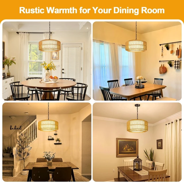 Alt view image 4 of 7 - 19" Rattan Chandelier for Dining Room, Boho Dining Room Light Fixture