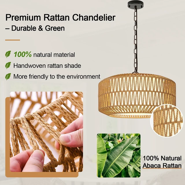 Alt view image 5 of 7 - 19" Rattan Chandelier for Dining Room, Boho Dining Room Light Fixture