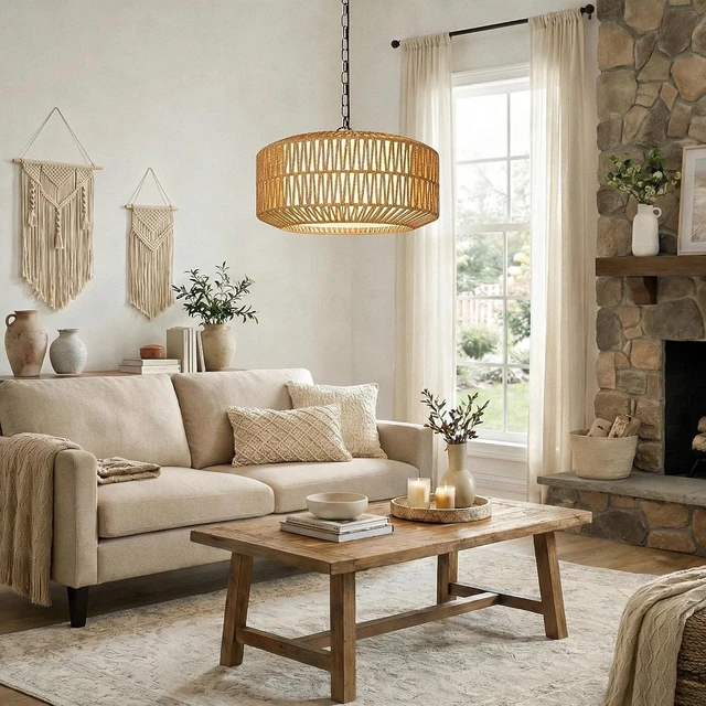 Alt view image 6 of 7 - 19" Rattan Chandelier for Dining Room, Boho Dining Room Light Fixture