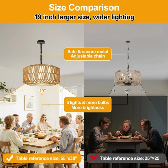 Alt view image 7 of 7 - 19" Rattan Chandelier for Dining Room, Boho Dining Room Light Fixture