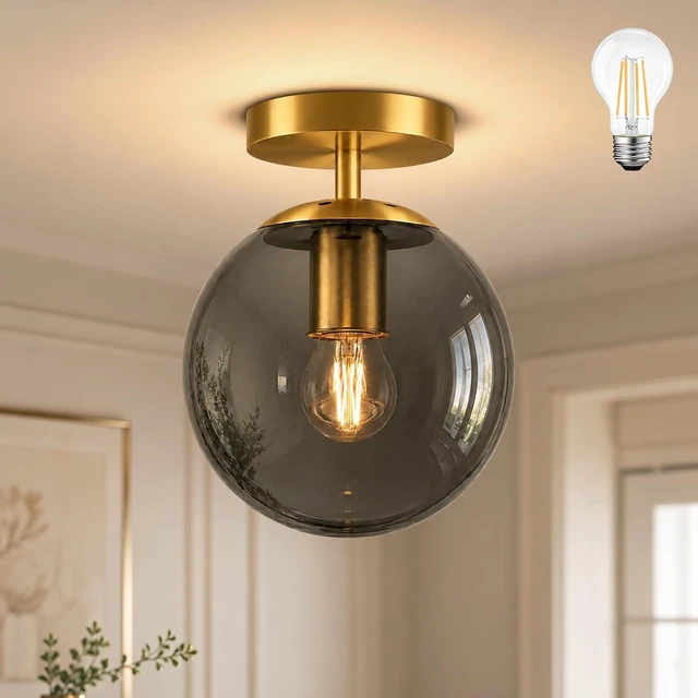 Main image of Bagood 8" Gold Modern Glass Globe Ceiling Lights Mid Century Ceiling Light Fixtures with Smoke Grey Glass Semi Flush Mount Ceiling Light for Kitchen Bathroom Hallway Bedroom Entryway Bulb Included