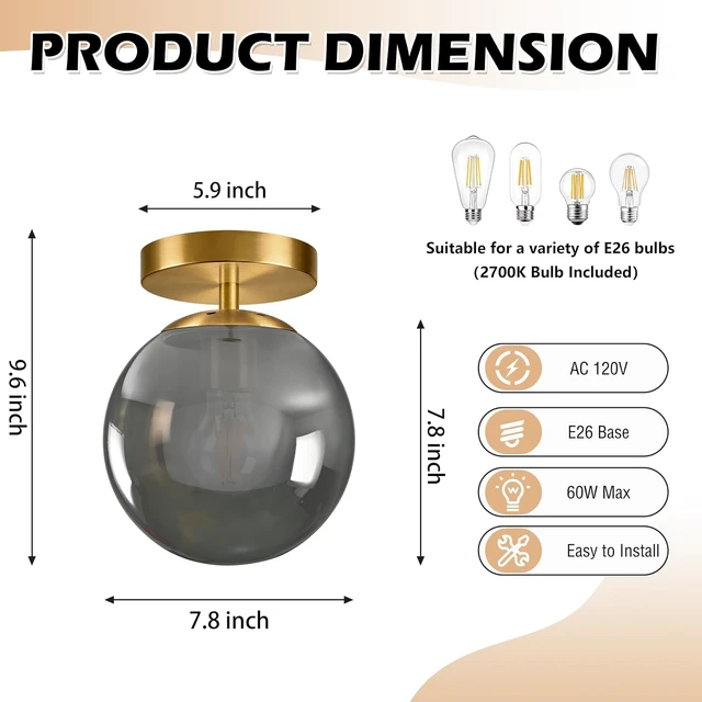 Alt view image 4 of 7 - Bagood 8" Gold Modern Glass Globe Ceiling Lights Mid Century Ceiling Light Fixtures with Smoke Grey Glass Semi Flush Mount Ceiling Light for Kitchen Bathroom Hallway Bedroom Entryway Bulb Included