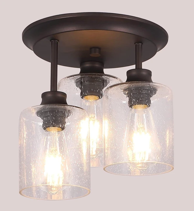 Main image of Semi Flush Mount Ceiling Light with Seeded Glass Shades for Kitchen Hallway and Dining Room, 3-Lights Rustic Ceiling Light Fixtures in Oil Rubbed Bronze.