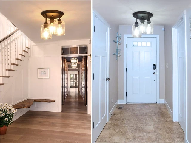 Alt view image 2 of 7 - Semi Flush Mount Ceiling Light with Seeded Glass Shades for Kitchen Hallway and Dining Room, 3-Lights Rustic Ceiling Light Fixtures in Oil Rubbed Bronze.