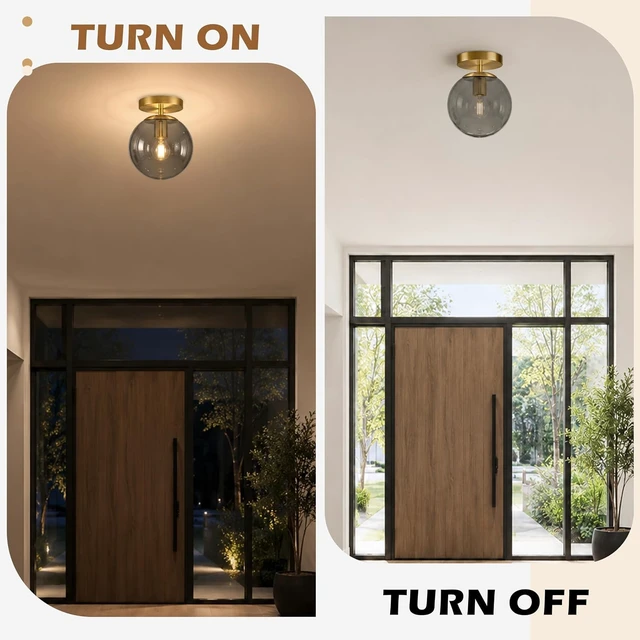 Alt view image 5 of 7 - Bagood 8" Gold Modern Glass Globe Ceiling Lights Mid Century Ceiling Light Fixtures with Smoke Grey Glass Semi Flush Mount Ceiling Light for Kitchen Bathroom Hallway Bedroom Entryway Bulb Included