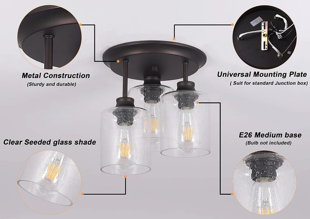 Alt view image 4 of 7 - Semi Flush Mount Ceiling Light with Seeded Glass Shades for Kitchen Hallway and Dining Room, 3-Lights Rustic Ceiling Light Fixtures in Oil Rubbed Bronze.