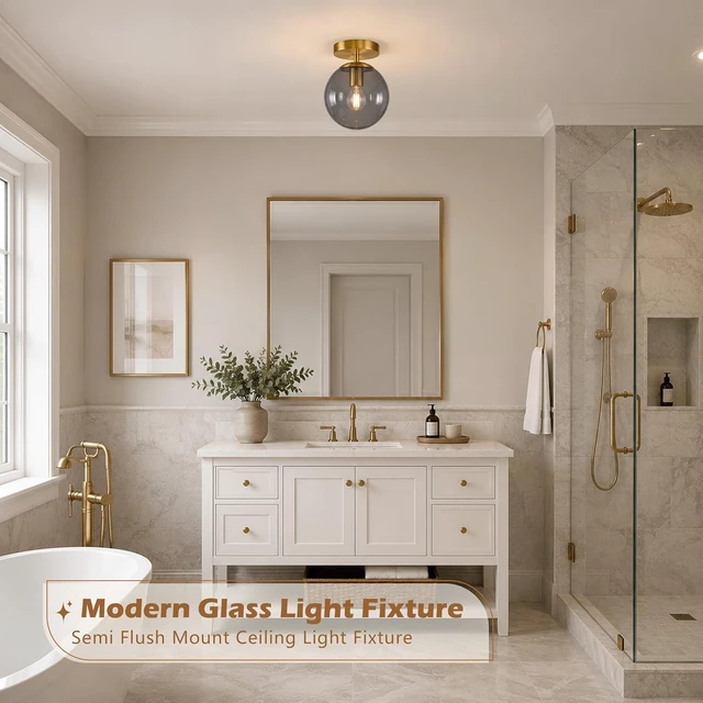 Alt view image 7 of 7 - Bagood 8" Gold Modern Glass Globe Ceiling Lights Mid Century Ceiling Light Fixtures with Smoke Grey Glass Semi Flush Mount Ceiling Light for Kitchen Bathroom Hallway Bedroom Entryway Bulb Included