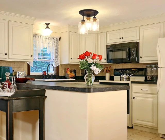 Alt view image 6 of 7 - Semi Flush Mount Ceiling Light with Seeded Glass Shades for Kitchen Hallway and Dining Room, 3-Lights Rustic Ceiling Light Fixtures in Oil Rubbed Bronze.
