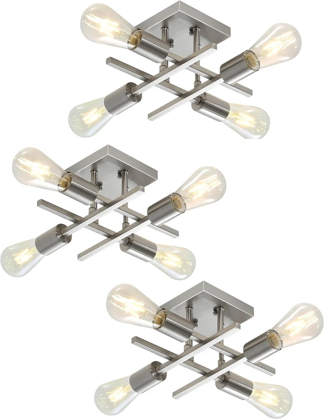 Main image of Industrial 4-Light Semi Flush Mount Ceiling Light Fixture, Modern Brushed Nickel Chandelier Lighting, Farmhouse E26 Base Sputnik Ceiling Lamp, 3 Pack