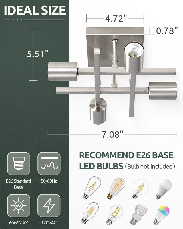Alt view image 2 of 7 - Industrial 4-Light Semi Flush Mount Ceiling Light Fixture, Modern Brushed Nickel Chandelier Lighting, Farmhouse E26 Base Sputnik Ceiling Lamp, 3 Pack