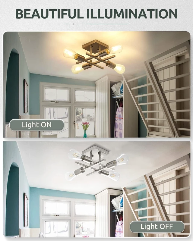Alt view image 4 of 7 - Industrial 4-Light Semi Flush Mount Ceiling Light Fixture, Modern Brushed Nickel Chandelier Lighting, Farmhouse E26 Base Sputnik Ceiling Lamp, 3 Pack