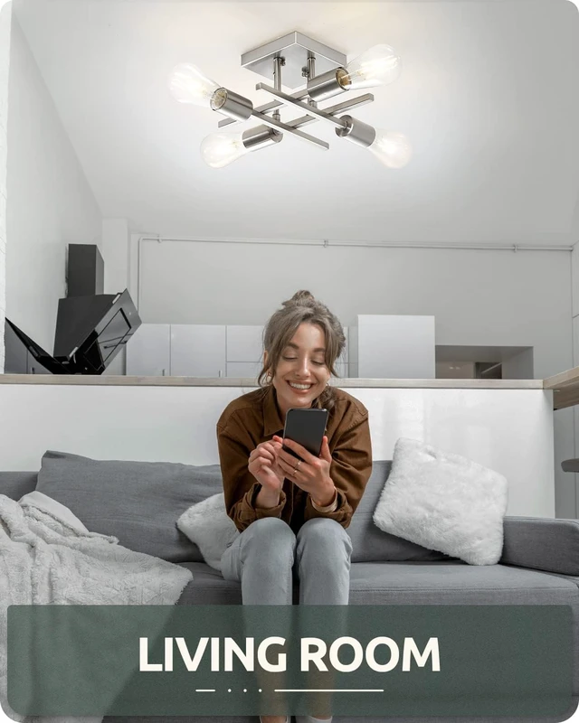 Alt view image 7 of 7 - Industrial 4-Light Semi Flush Mount Ceiling Light Fixture, Modern Brushed Nickel Chandelier Lighting, Farmhouse E26 Base Sputnik Ceiling Lamp, 3 Pack