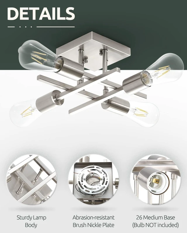 Alt view image 3 of 7 - Industrial 4-Light Semi Flush Mount Ceiling Light Fixture, Modern Brushed Nickel Chandelier Lighting, Farmhouse E26 Base Sputnik Ceiling Lamp, 3 Pack