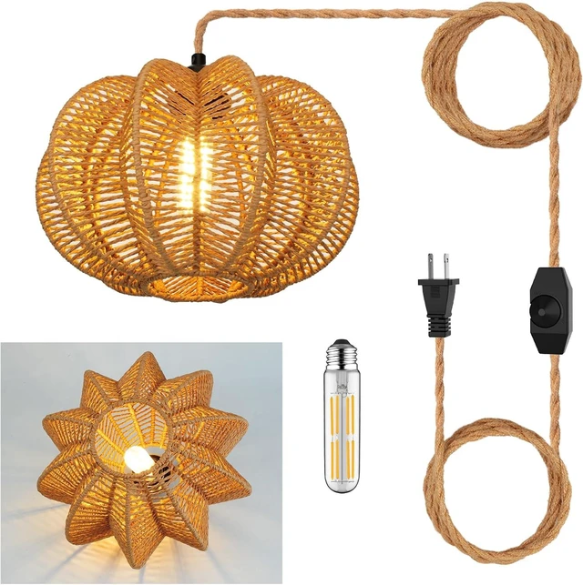 Main image of Plug in Pendant Light Rattan Hanging Lights with Plug in Cord 15FT Hemp Rope Cord, Dimmable Switch Indoor Hanging Lamps for Boho Living Room BedroomBulb Included 11 x 7 inch
