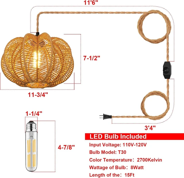 Alt view image 2 of 7 - Plug in Pendant Light Rattan Hanging Lights with Plug in Cord 15FT Hemp Rope Cord, Dimmable Switch Indoor Hanging Lamps for Boho Living Room BedroomBulb Included 11 x 7 inch