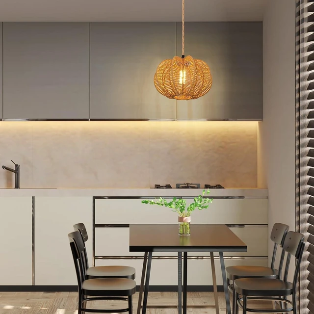 Alt view image 5 of 7 - Plug in Pendant Light Rattan Hanging Lights with Plug in Cord 15FT Hemp Rope Cord, Dimmable Switch Indoor Hanging Lamps for Boho Living Room BedroomBulb Included 11 x 7 inch
