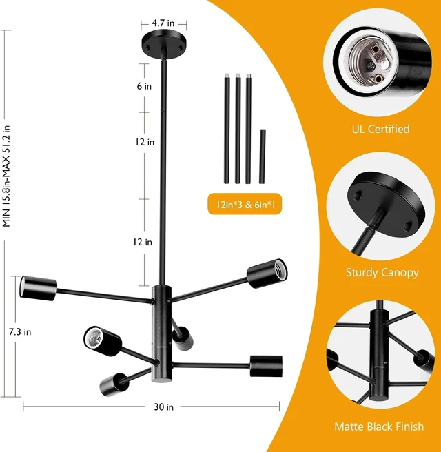 Alt view image 4 of 7 - Sheetea Modern Chandelier, Black Dining Room Light Fixture for Kitchen