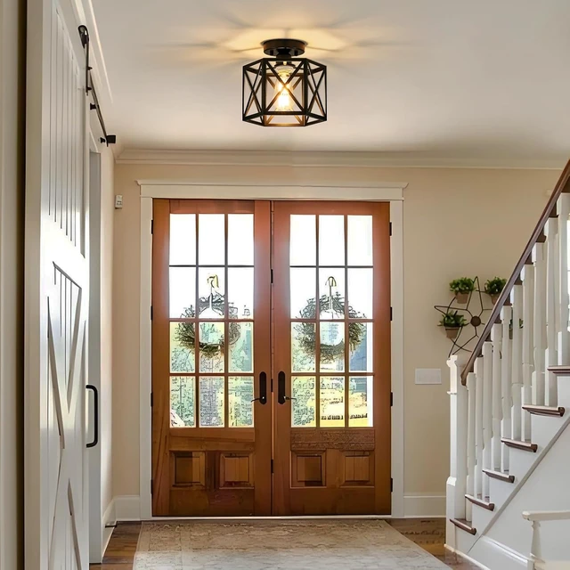Alt view image 4 of 7 - Black Modern Farmhouse Metal Semi Flush Mount Ceiling Light Fixture 9.5 in