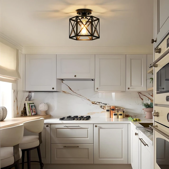 Alt view image 5 of 7 - Black Modern Farmhouse Metal Semi Flush Mount Ceiling Light Fixture 9.5 in