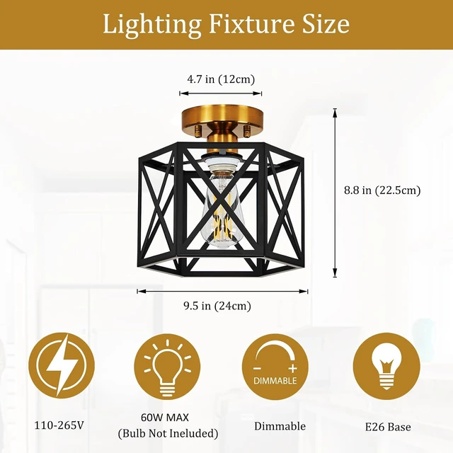 Alt view image 2 of 7 - Black and Gold Modern Farmhouse Metal Semi Flush Mount Ceiling Light 9.5 in