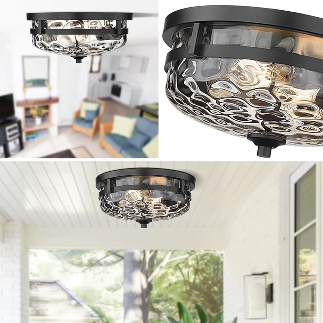 Alt view image 2 of 7 - Casia Flush Mount Ceiling Lights, 2-Light Farmhouse Close to Ceiling Light, Hammered Glass Ceiling Light, Industrial Ceiling Lighting Fixture for Kitchen Hallway Living Room Stairwell (Black)