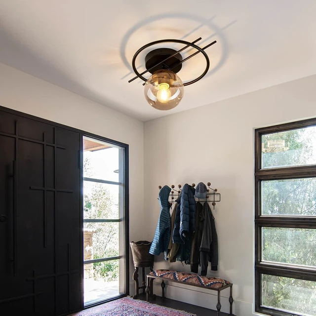 Alt view image 7 of 7 - Matte black & gold finish Semi Flush Mount Ceiling Light Fixture Mid Century Modern Chandelier with Glass Globe Small Indoor Lighting for Kitchen Hallway Bathroom Bedroom Closet Farmhouse Proch.